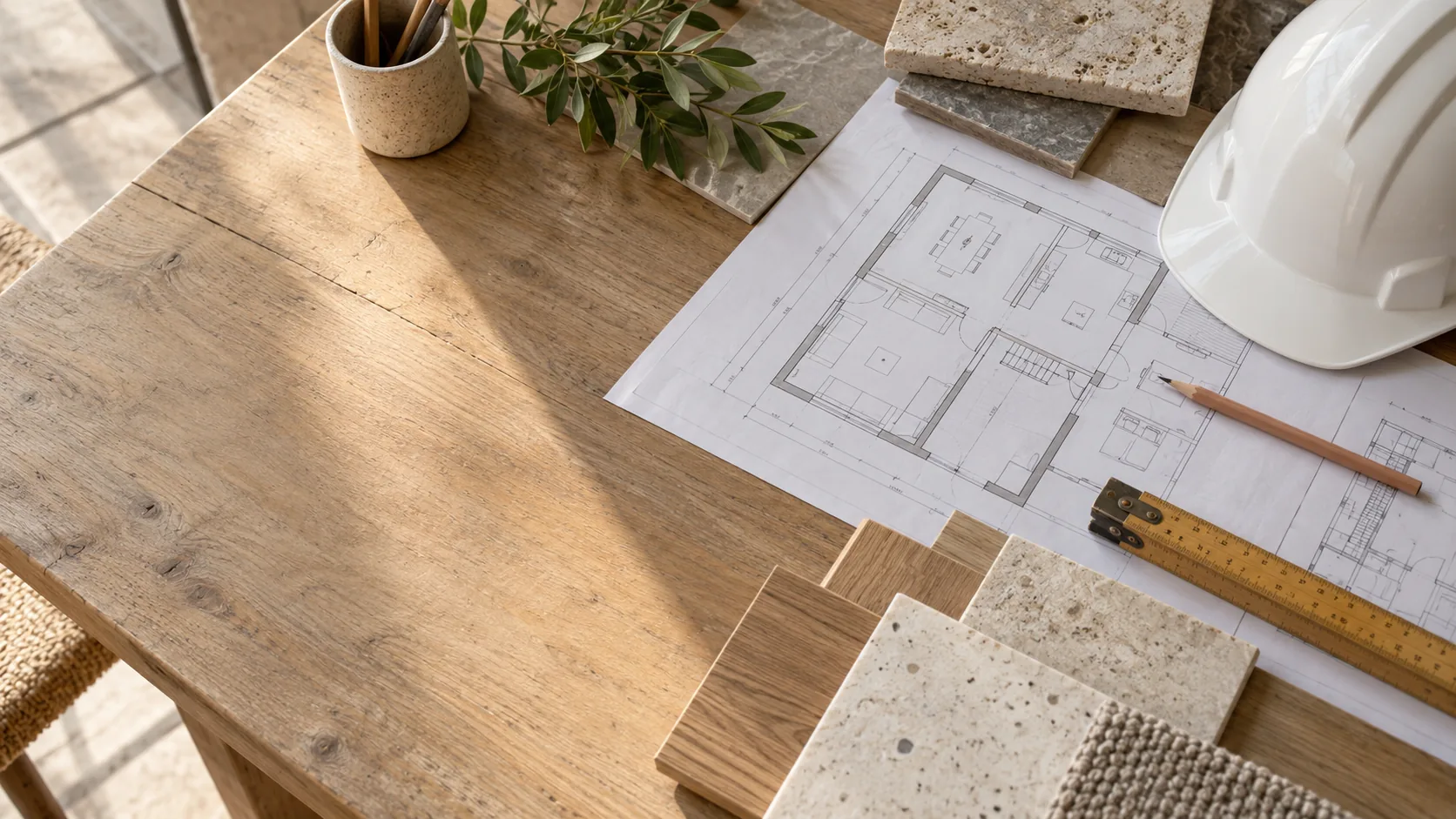Illustration de plans et d’échantillons de matières sur une table de travail